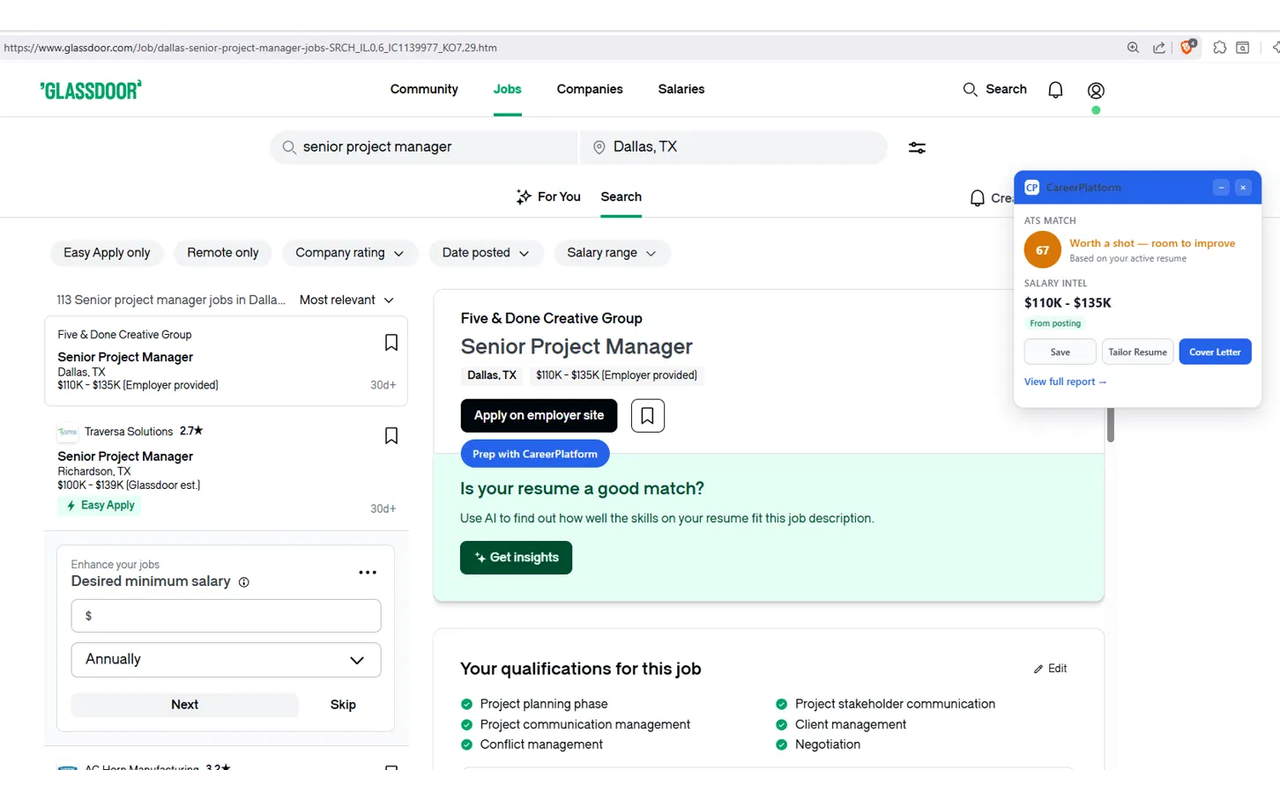 Match + Salary overlay on Glassdoor